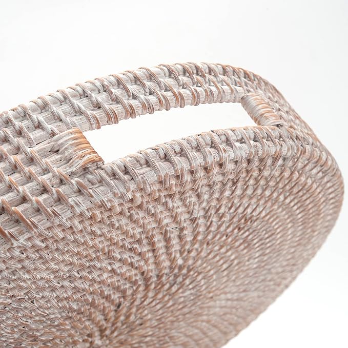 Coffee Table Tray Round Rattan Ottoman Tray Woven Serving Trays with Handles for Home and Kitchen Decorative White (Large 14 inch x 2.4 inch)