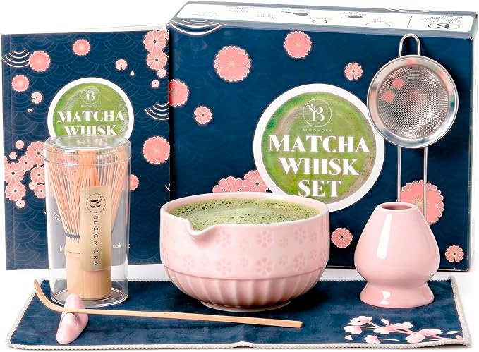 Matcha Whisk Set, Ceramic & Pink Matcha Set with Bowl, Bamboo Whisk, Scoop, Strainer, Scoop Rest, Holder, Cloth + Instruction Handbook – Traditional Japanese Tea Ceremony Kit