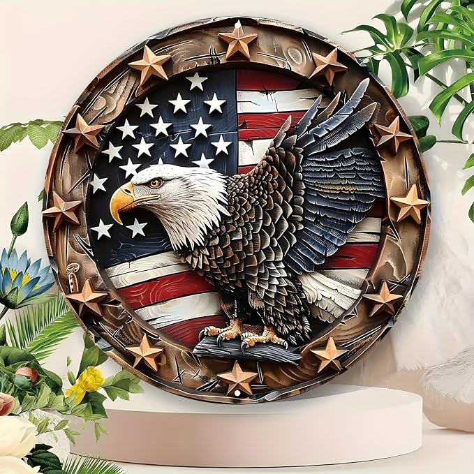 Eagle Wings Patriotic Aluminum Metal Wall Art - Weatherproof Round American Flag with Bald Eagle Decor, Pre-Drilled HD Print Sign for Home, Garage, Bar, Cafe - 8-Inch Diameter by Unknown