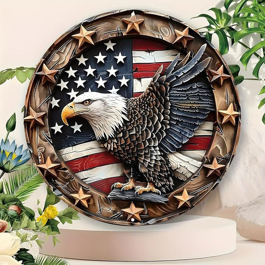 Eagle Wings Patriotic Aluminum Metal Wall Art - Weatherproof Round American Flag with Bald Eagle Decor, Pre-Drilled HD Print Sign for Home, Garage, Bar, Cafe - 8-Inch Diameter by Unknown