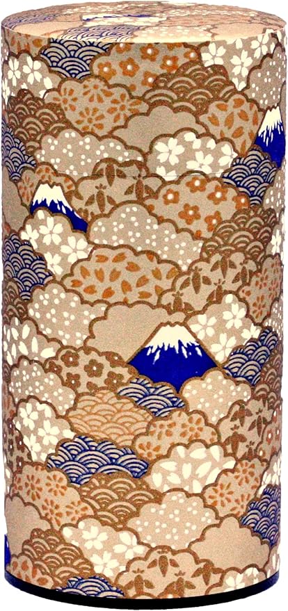 Washi Paper Tea Tin Canister: Long 7oz (200g) Mt. Fuji at Golden Hour (#151), Japan