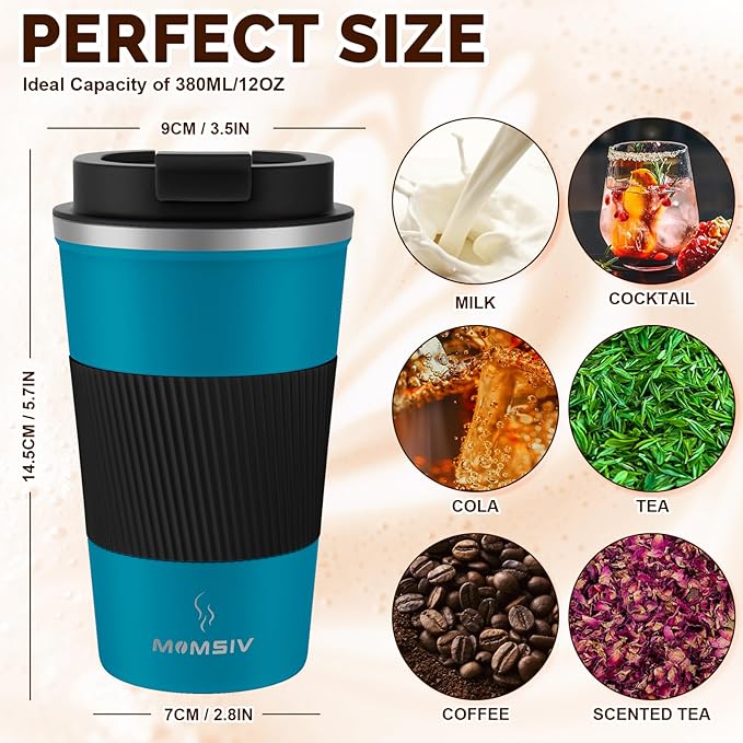 MOMSIV 12oz Travel Mug, Insulated Coffee Cup with Leakproof Lid, Vacuum Stainless Steel Double Walled Reusable Tumbler for Hot and Cold Water Coffee and Tea In Travel and Car