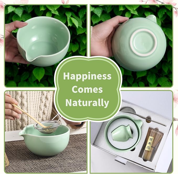 Matcha Whisk Set 5 Pcs, Matcha Kit Set Includes Matcha Bowl, Matcha Whisk and Holder, Bamboo Scoop and Sifter, Ceramic Matcha Set, Matcha Tea Set, Ideal Gift for Family/Friend (Cyan)