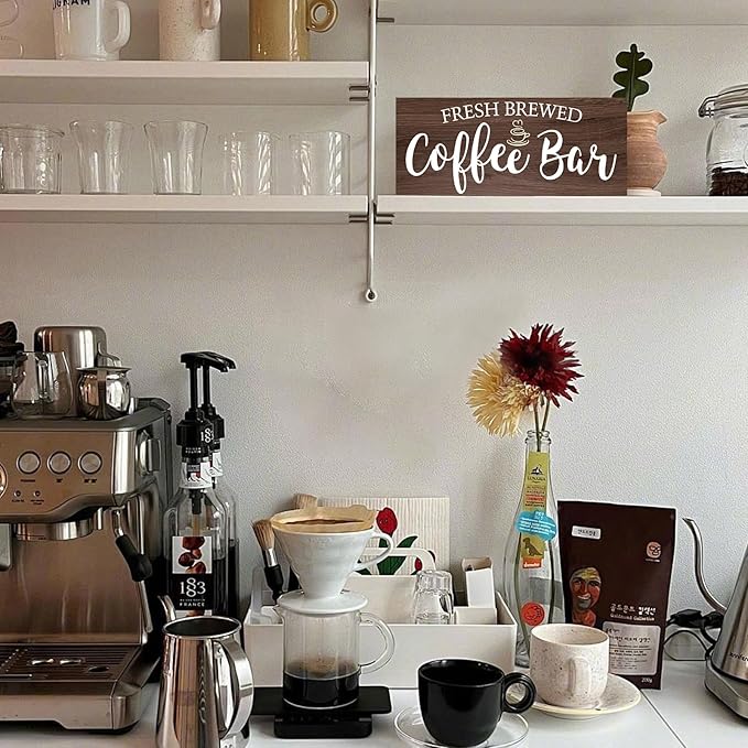 Rustic Coffee Bar Sign Wall Decor - Vintage Wood Grain Hanging Plaque for Kitchen, Cafe Bar Home Housewarming - Farmhouse Style Coffee Station Accessories, Self Serve Fresh Brewed Sign - 13.7x5.9 Inch