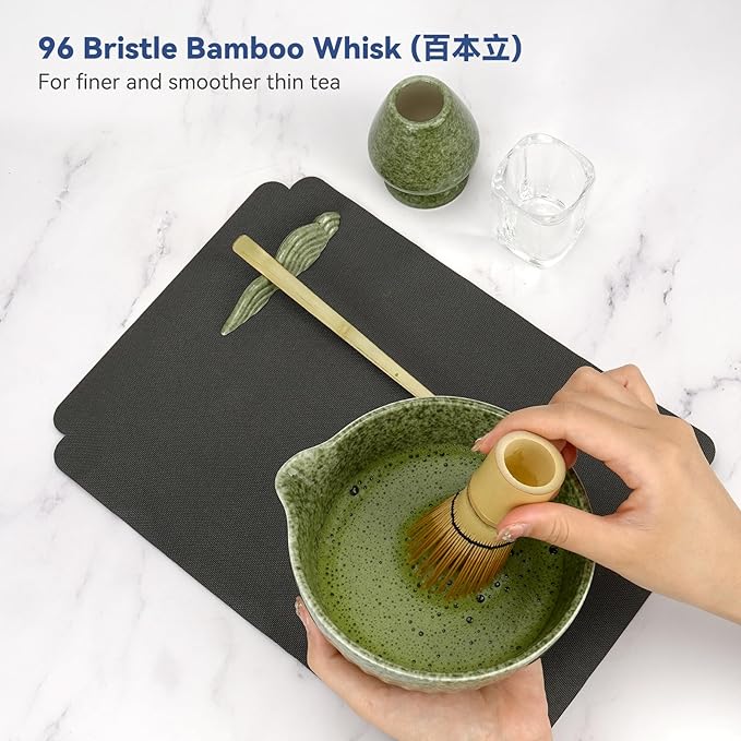 Matcha Whisk Set, 10-Pcs Matcha Kit, Bamboo Whisk and Bowl with Spout & Measuring Spoon & Cup, Japanese Tea Making Tools, Complete Matcha Gift Set for Starter, Mottled Green