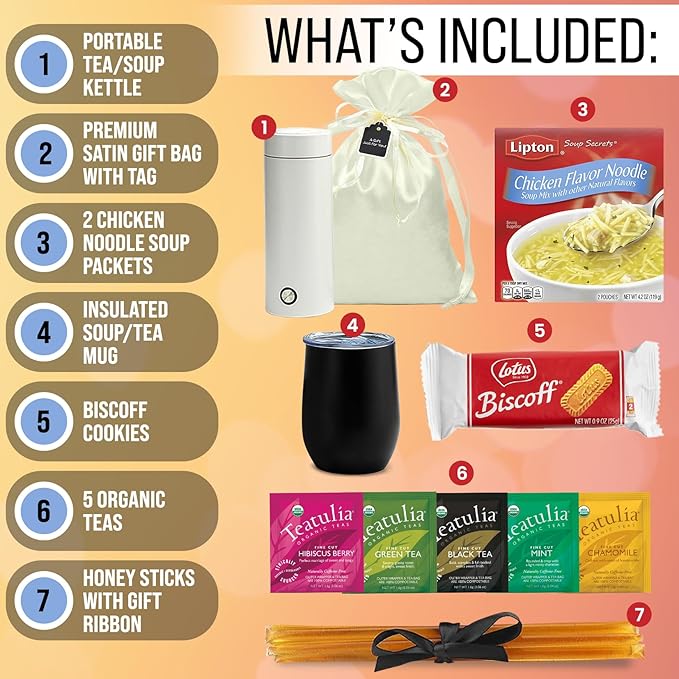 Get Well Soon Gift Basket for Men and Women: Organic Tea, Portable Kettle, Soup, Honey Sticks, Cookies & Insulated Mug Care Package | Post Surgery | Feel Better
