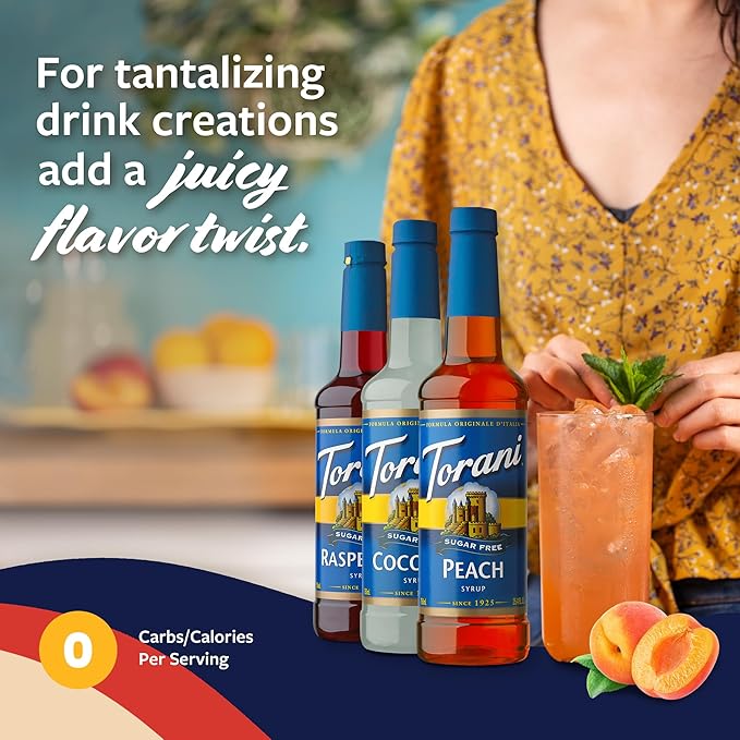 Torani Sugar Free Syrup Variety 3-Pack, Peach, Coconut, and Raspberry Syrup for Drinks, Zero Calories, Pumps Included, 25.4 Fl Oz Ea
