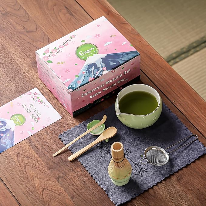 Clay&Fire Matcha Whisk Set, 9 pcs Ceramic Matcha Set, Gifts for Women,Matcha Bowl with Spout and Whisk, Matcha Kit for Matcha Lovers, Ideal Gift Christmas, Birthday, Anniversary (Cherry Bloom-Green)