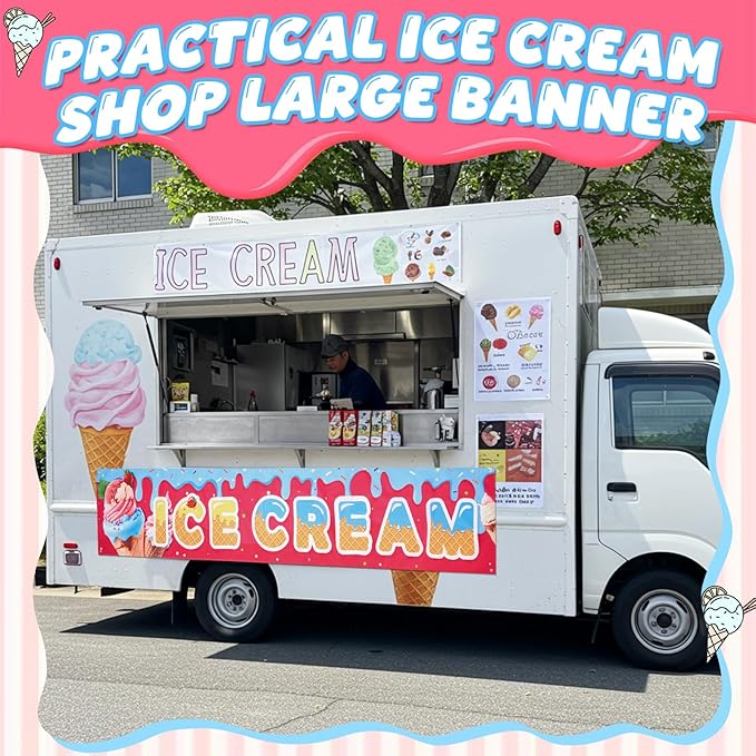 Tegeme Ice Cream Banners Sign 2 x 10 Feet Ice Cream Flag Oxford Fabric Banners with 10 Holes for Business Store Outside