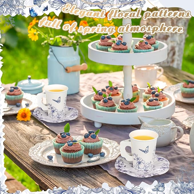 Tioncy 100 Pcs Tea Party Decorations Include 50 Pieces 9 oz Paper Tea Cups with Handle and 50 Plates Disposable Teacups and Saucers Sets for Birthday(Blue and White Floral)