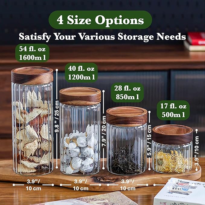 Decorative Borosilicate Glass Jar with Screw Top Airtight Wooden Lid, 40 oz/1200ml Leak Resistant Food Storage Canister, Wide Mouth Container for Cereal Coffee Cookie Candy Overnight Oats Sourdough
