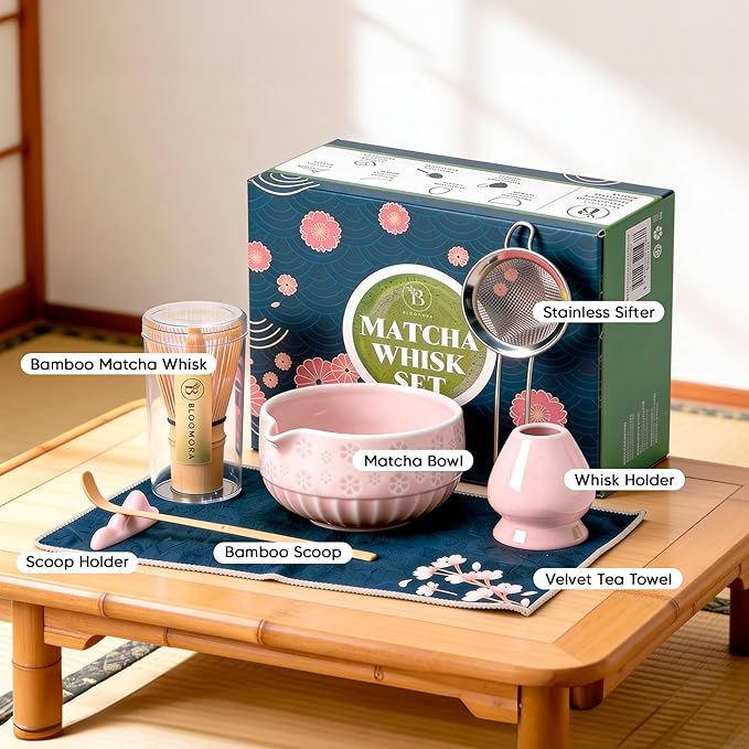 Matcha Whisk Set, Ceramic & Pink Matcha Set with Bowl, Bamboo Whisk, Scoop, Strainer, Scoop Rest, Holder, Cloth + Instruction Handbook – Traditional Japanese Tea Ceremony Kit