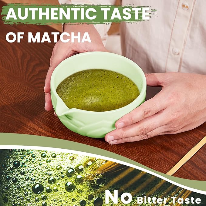 Matcha Whisk Set, Lotus Green Ceramic Matcha Set Includes Matcha Bowl, Matcha Whisk (Chasen) and Holder, Sifter, Bamboo Scoop & Spoon - 6 Pcs Matcha Kit for Matcha Lovers