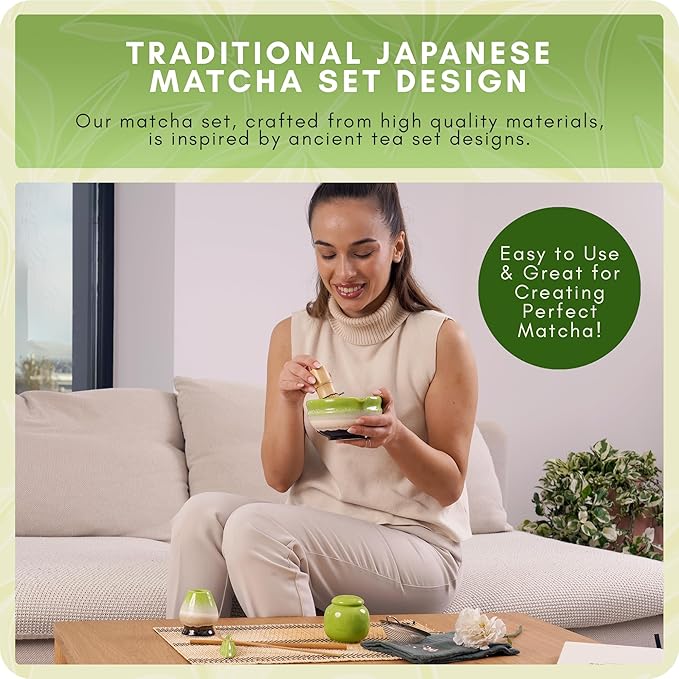 Matcha Whisk Set – Premium 9 Pcs Japanese Set for Tea Lovers - Traditional Kit, Green Matcha Kit Including Bowl (Chawan), Bamboo Whisk and Scoop Holders, Sifter Canister and Straw