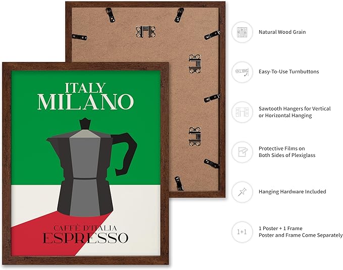 Poster Master Moka Pot Print - Espresso Poster - Italian Coffee Art - Great Gift for Barista, Coffee Lovers, Café Owner - Perfect Wall Decor for Dining Room, Kitchen - 8x10 Brown Framed