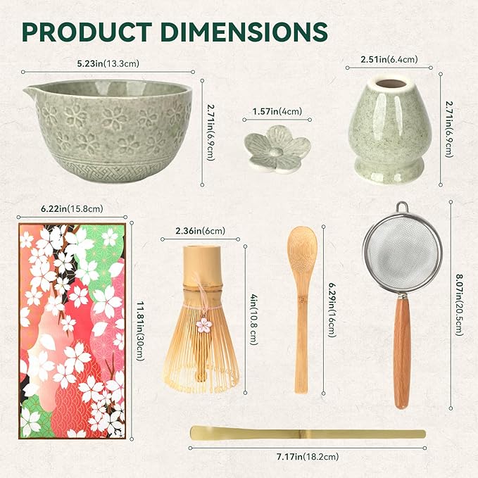 Sakura Matcha Whisk Set, 8 PCS Japanese-Style Matcha Kit with Cherry Blossom Matcha Bowl, Bamboo Whisk & Holder, Scoop, Spoon Rest, Wooden-Handle Sifter & Gift Box for Matcha Lovers (Mottled Green)
