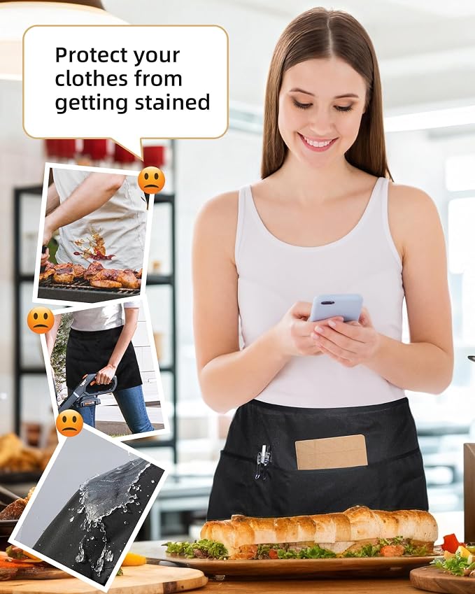 Argstar 2 Pack Server Apron with 4 Pockets, Waitress Waiter Waist WaterDrop Resistant Short Aprons - Image 3