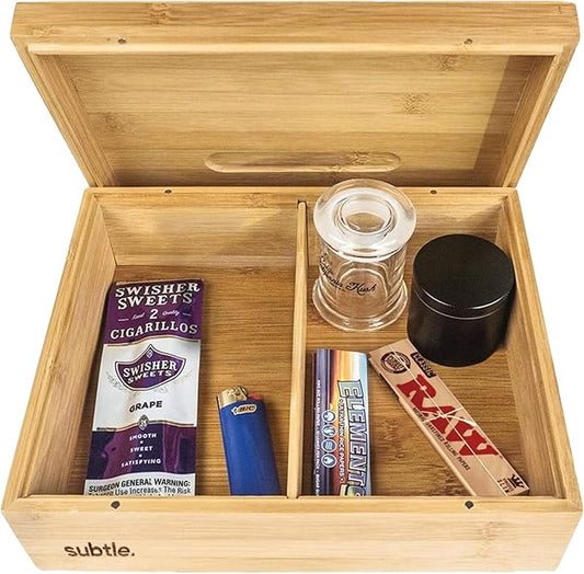 Subtle Rolling Tray Stash Box - Large Bamboo Box w/Ample Storage Space to Organize Herb Accessories - Comes with Convertible Rolling Tray Lid - (10" x 8" x 3.5")