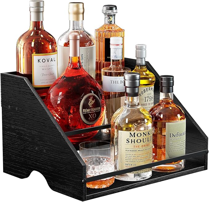 Nuovoware Liquor Bottle Display Shelf, 3 Step Countertop Liquor Wine Rack, Home Retro Shelf Stand for Mini Bar, Cabinet, Bar Essentials for Whiskey, Spirits, Coal Black by NUOVOWARE