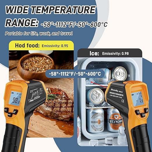 Infrared Thermometer Laser Temperature Gun -58℉ to 1112℉,with Cal Calibration and Adjustable Emissivity,Min& Max Measure,for Cooking,Oven,Meat Food,HVAC,Appliance（Yellow）