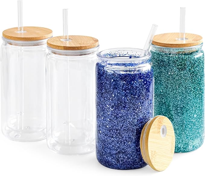 4 Pack Acrylic Snow Globe Tumbler with Bamboo Lids and Straws 16 oz Plastic Snowglobe Tumbler with Pre Drilled Hole Clear Double Wall Snowglobe Cups for Snow Globe Glitter DIY