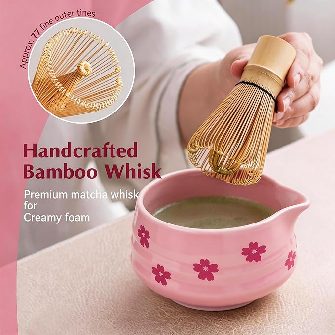8Pcs Cute Ceramic Matcha Set with Whisk Bowl, Matcha Tea Kit Holder, Bamboo Scoop, Sifter, Towel Included, Valentine's Mother's Day Gift for Matcha Lover Women (Pink Sakura)