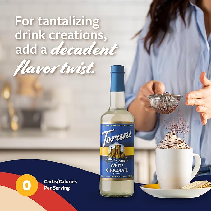 Torani Sugar Free Coffee Syrup, White Chocolate Flavored Syrup for Drinks, Zero Calorie, Glass Bottle with Pump Included, 25.4 Fl Oz