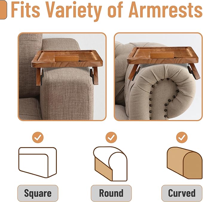 BAMBOO LAND- Couch Arm Tray, Wooden Folding Couch Armrest Table, Rectangular Clip-On Sofa Arm Tray with 360° Rotating Phone Holder
