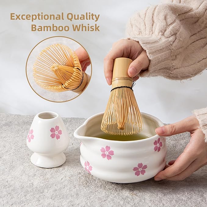5pcs Premium Matcha Set,Ceramic Bowl with Spout and Bamboo Whisk set, Cherry Blossom Matcha Kit for breakfast/latte,Tea Starter Making Kit,Cute Matcha Gift set (sakura)