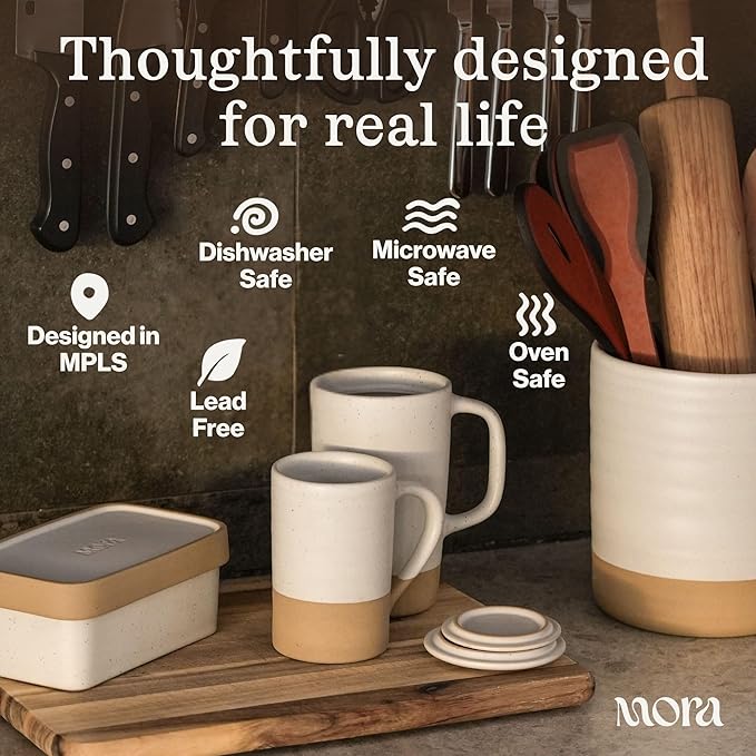 MORA Ceramics Large Tea Mug with Loose Leaf Infuser and Ceramic Lid, 18 oz, Portable, Microwave, Dishwasher Safe, Tall Coffee Cup - Rustic Matte Ceramic Glaze, Modern Herbal Tea Strainer, Thyme