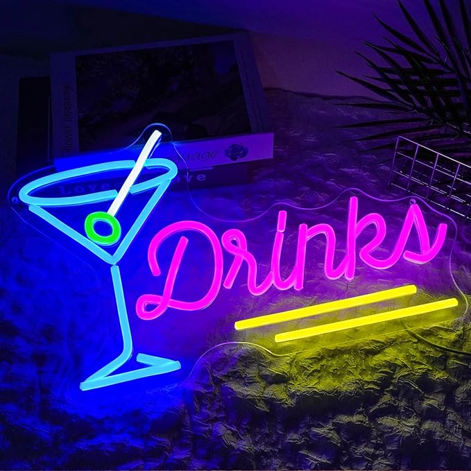 Drinks Neon Sign Dimmable Cocktail Neon Light Sign for Wall Decor Blue Pink Letters Led Signs for Bar Party Man Cave Pub Restaurant Bistro Room Decor Gift for Boys 16.5" x 10.2"