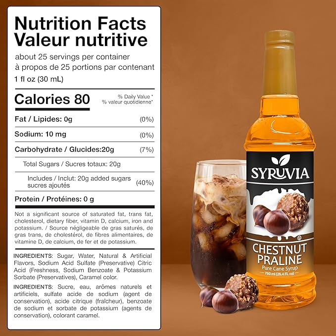 Syruvia Coffee Syrup, Chestnut Praline Flavored Syrup for Drinks, Lattes, and Desserts – 25.4 fl oz, With Pump
