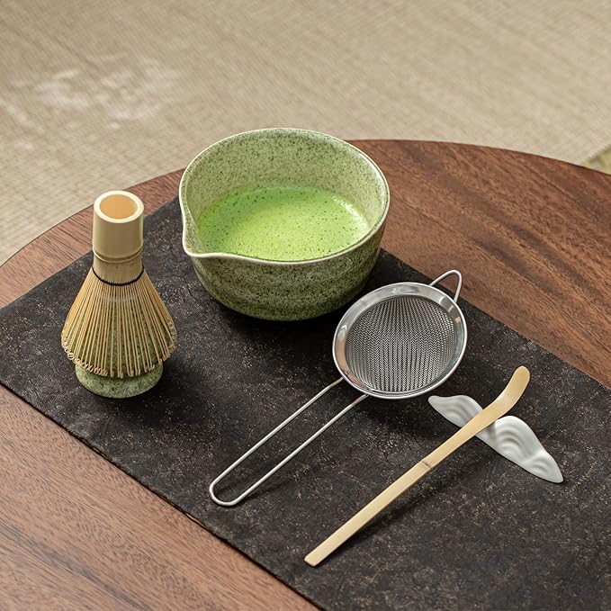 Matcha Set, Matcha Whisk Set Includes Matcha Bowl with Spout, Bamboo Whisk, Matcha Whisk Holder, Sifter, Scoop, Spoon Holder, Tea Towel- 7pcs Perfect Matcha Kit for Matcha Tea Ceremony