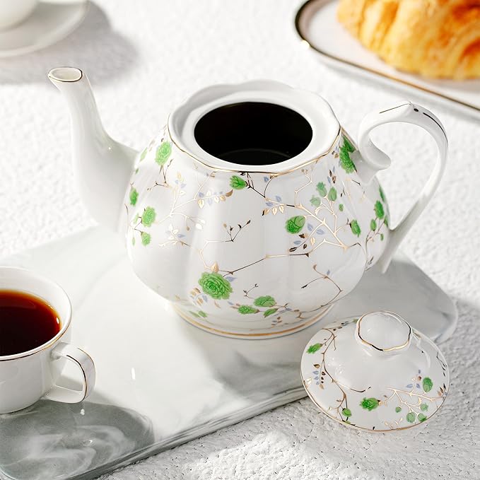 BTaT- Floral Tea Pot, 38 oz, White with Green Roses & Gold Trim, Porcelain Teapot Ceramic, Dishwasher Safe