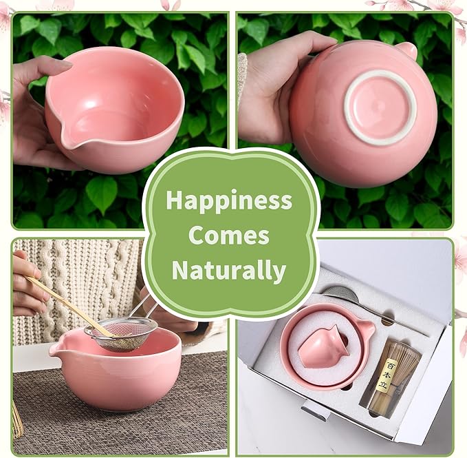 Matcha Whisk Set 5 Pcs, Matcha Kit Set Includes Matcha Bowl, Matcha Whisk and Holder, Bamboo Scoop and Sifter, Ceramic Matcha Set, Matcha Tea Set, Ideal Gift for Family/Friend (Pink)