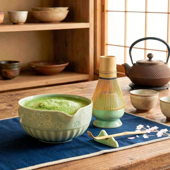 Matcha Whisk Set, Ceramic Matcha Set with Bowl, Bamboo Whisk, Scoop, Strainer, Scoop Rest, Holder, Cloth + Instruction Handbook – Traditional Japanese Tea Ceremony Kit