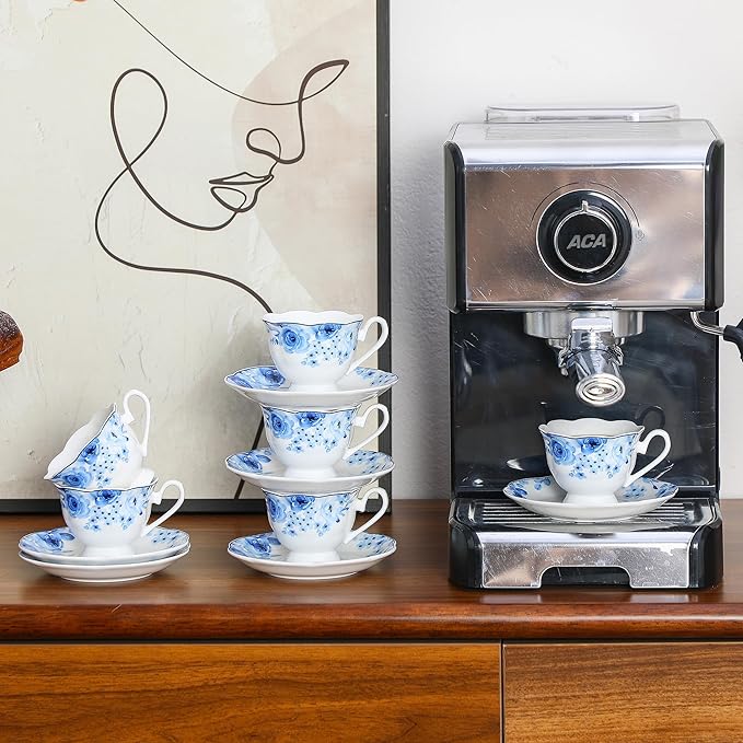 Porcelain Demitasse Espresso Cup and Saucer Set of 6 (12-Piece) - 2.5oz Cups with Classic Blue Floral Pattern, Dishwasher & Microwave Safe