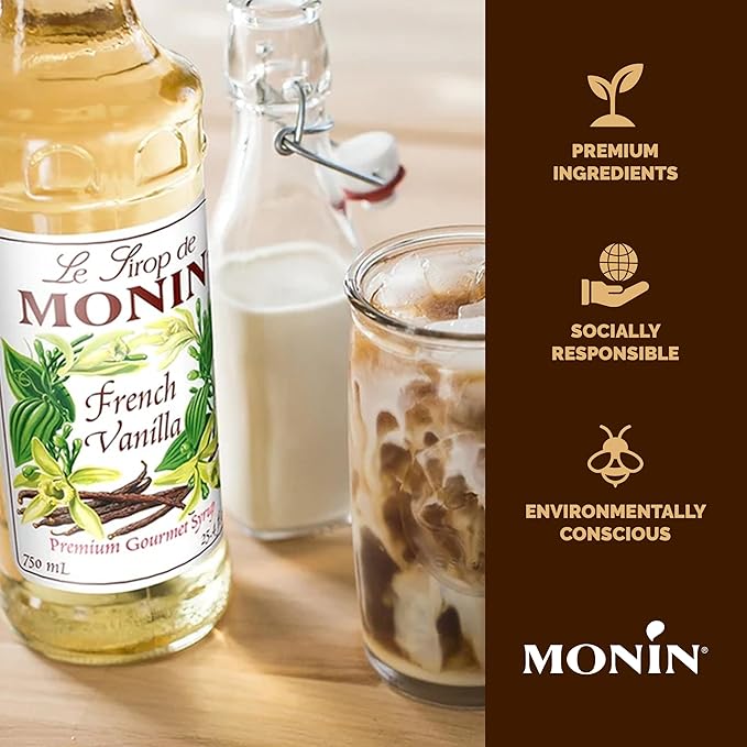 Monin - French Vanilla Syrup with Monin BPA Free Pump, Boxed, Versatile Flavor, Natural Flavors, Great for Coffees, Cocktails, Shakes, and Kids Drinks, Non-GMO, Gluten-Free (1 Liter, 4-Pack)