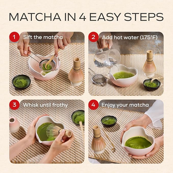 Rehny’s Matcha Whisk Set | Complete Pink Matcha Set w/Heart-Shaped Bowl, Bamboo Whisk, Holder, Stainless Steel Sifter, Bamboo Scoop | Cute Gift Present Macha Kit Handmade Bowl | Macha Powder Tea Kit