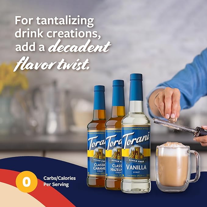 Torani Sugar Free Syrup, Coffee Lovers Variety 3-Pack, Vanilla, Classic Caramel, Classic Hazelnut Syrup for Drinks, Zero Calories, Pumps Included, 25.4 Fl Oz Ea