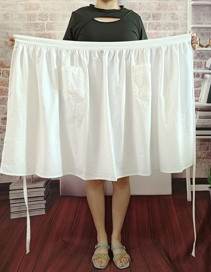 Unisex Chef Aprons White Retro Cotton Maid Short 2 Pockets Waist Waiter Waitress Half Apron - Image 2