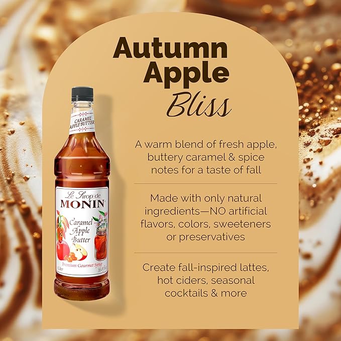 Monin - Caramel Apple Butter Syrup, Buttery Caramel and Cooked Apple Flavor, Natural Flavors, Great for Hot Lattes, Ciders, and Seasonal Cocktails, Non-GMO, Gluten-Free (1 Liter)