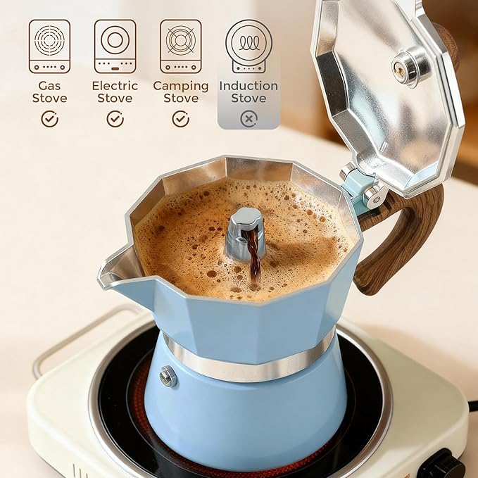 ShanSon Moka Pot Stovetop Espresso Maker 6 Cup 10 oz Italian Coffee Maker Manual Cuban Coffee Percolator Machine Italian Espresso Greca Coffee Maker for Cappuccino or Latte,Blue