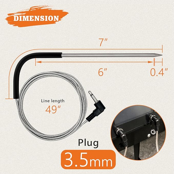 2-Pack Temp Meat Probe Replacement for Pit Boss Pellet Grills and Smokers, 3.5 mm Plug Thermometer Probes with 2 PCS Probe Grommets and Clips