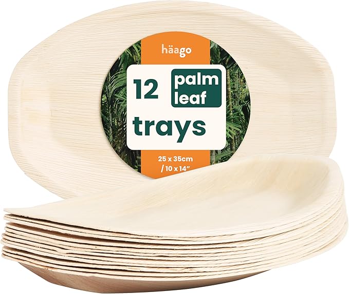 HAAGO 12 Pack 14x10 Large Palm Leaf Platters Bamboo Serving Tray (Boat) Disposable Charcuterie Boards Serving Trays & Platters for Party, Wedding & Picnic