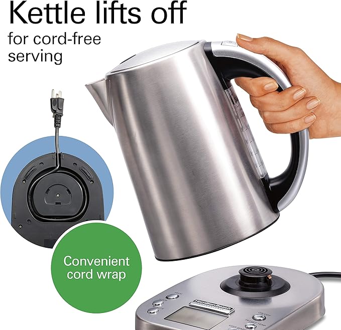 Hamilton Beach Professional Digital LCD Temperature Control Electric Tea Kettle, Water Boiler & Heater, 1.7 Liter, Fast Boiling 1500 Watts, Cordless, Auto-Shutoff & Boil-Dry Protection, Silver (41028)