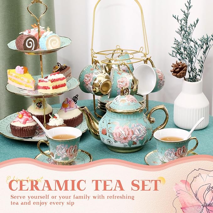21 Pcs Ceramic Teapot Set Vintage Porcelain Tea Cups with Metal Holder and High Tier Cupcake Stand Saucers for Women Girls Farmhouse European Weddings Party Decor Gifts(Green,Summer)