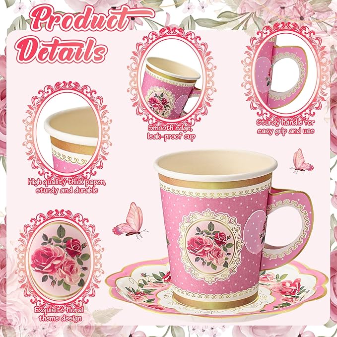 Domensi 60 Pieces Tea Party Decorations Include 30 Pcs 9 oz Paper Cups with Handle and 30 Pcs Tea Party Paper Plates Disposable Blossom Teacups and Saucers for wedding Favors(Classic)