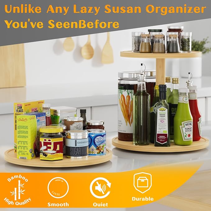 Lazy Susan Organizer Homerays 12 Inch Non-Skid Bamboo Lazy Susan for Kitchen Rotating Spice Rack for Kitchen Cabinet, Wood Turntable for Kitchen Countertop Organizer - Image 4
