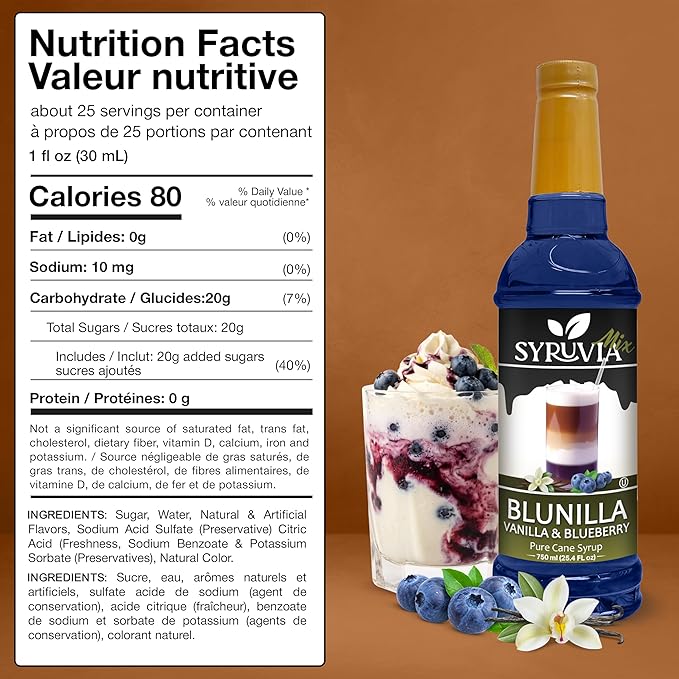 Syruvia Coffee Syrup, BLUNILLA Syrup, Vanilla Blueberry Flavored Syrup for Drinks, Lattes, and Desserts – 25.4 fl oz,